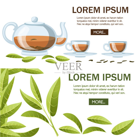 新鲜的绿茶和堆干茶。透明玻璃茶壶和茶杯红茶。绿茶设计，广告和包装。平面矢量插图上的白色背景插画图片素材