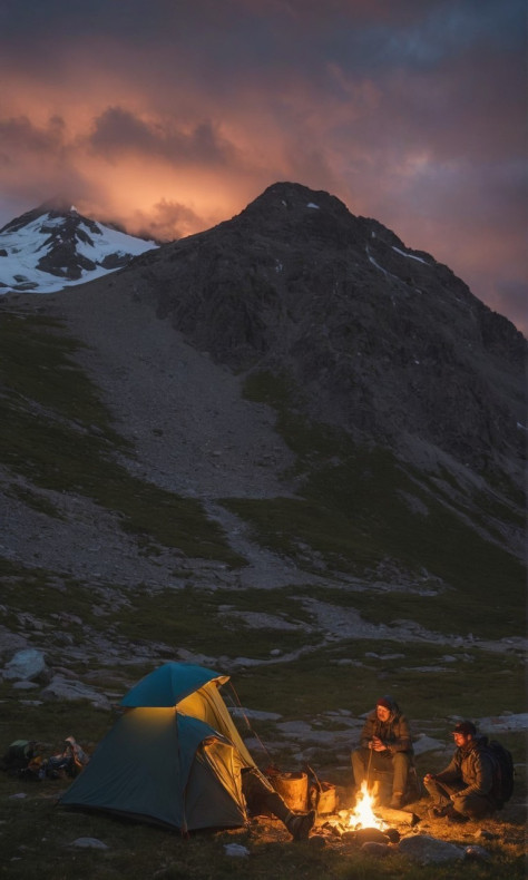 徒步旅行者夜间露营在山上壁纸