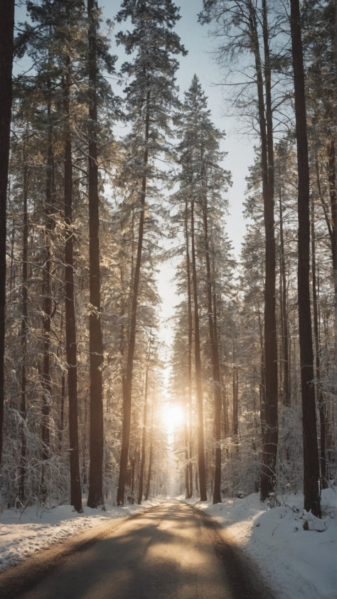 冬天太阳下的雪中树林风景壁纸2