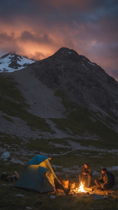 徒步旅行者夜间露营在山上壁纸