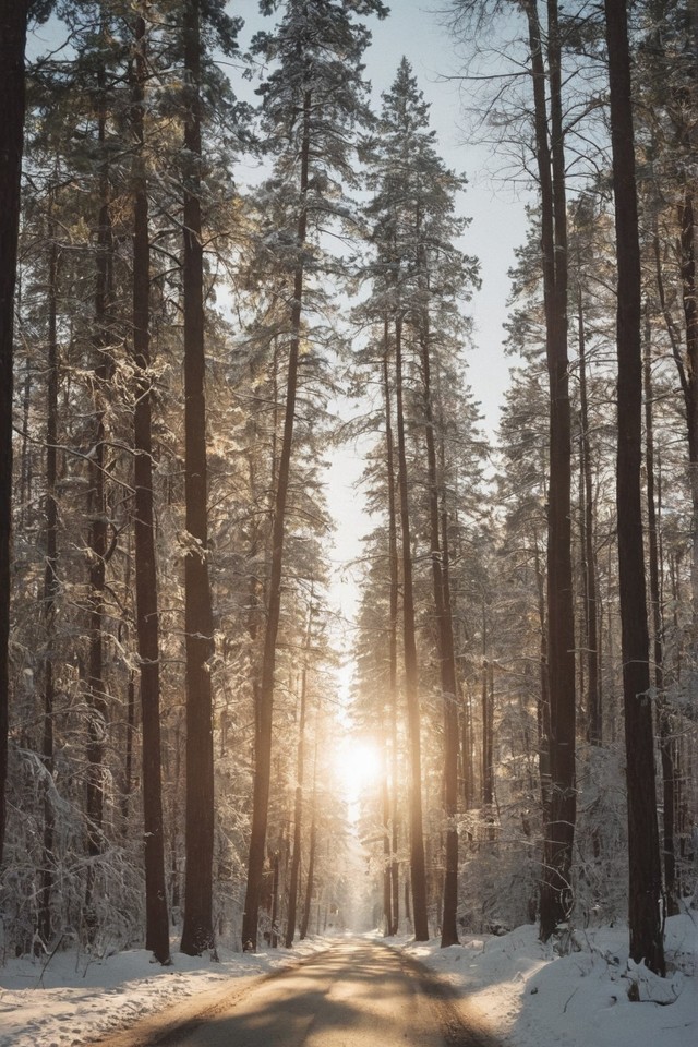 冬天太阳下的雪中树林风景壁纸2