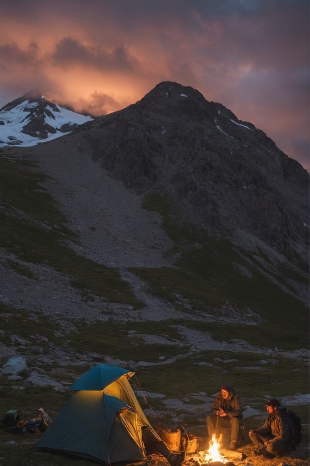 徒步旅行者夜间露营在山上壁纸