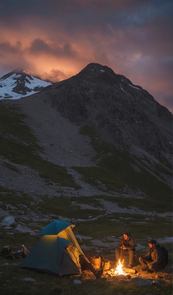 徒步旅行者夜间露营在山上壁纸