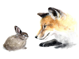 非常漂亮可爱水彩狐狸和兔子。动物剪影水彩素描。野生动物艺术插画。水彩图形的面料、 明信片、 贺卡、 书