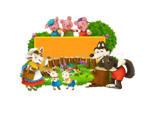 卡通童话场景与狼和不同人物的标题框-儿童插图