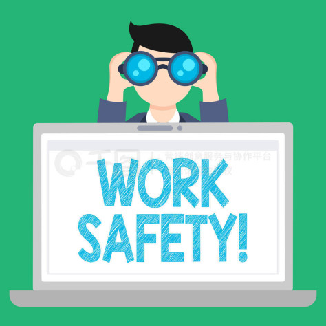 文字作业安全。商业理念的政策和程序到位，以确保员工的健康，男子拿着双眼看后面的空白笔记本电脑屏幕。