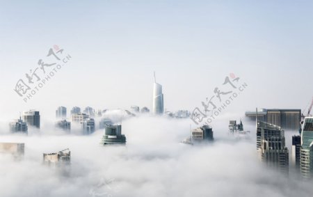 大雾笼罩下的城市建筑上空