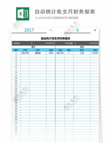 自动统计收支月财务报表Excel模板