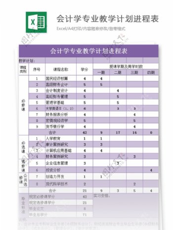 会计学专业教学计划进程表excel模板