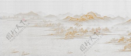 新中式山水柔美线描壁画