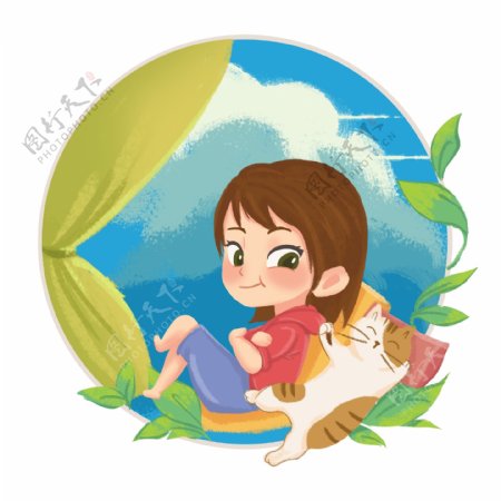儿童节女孩与猫休闲幻想插画系列02