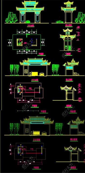 中式古典牌坊大门建筑CAD图