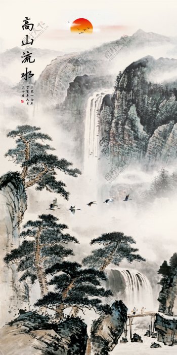 高山流水水墨山水国画玄关背景