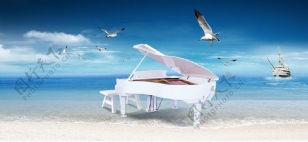 海边钢琴图片