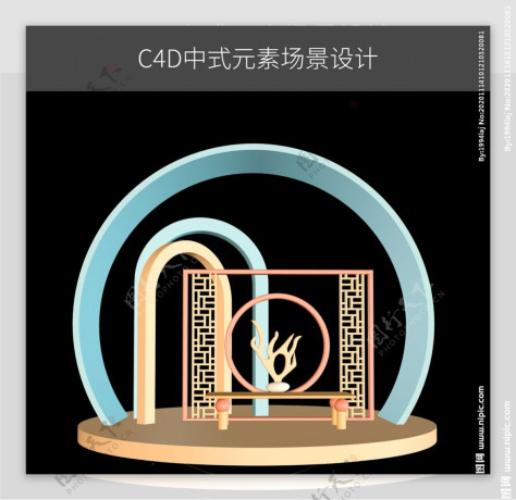 C4D中式背景边框元素设计图片
