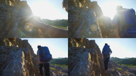 阳光夕阳登山抵达终点看见希望登山爱好