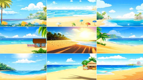 清新治愈动画动漫风格沙滩童话梦幻海边