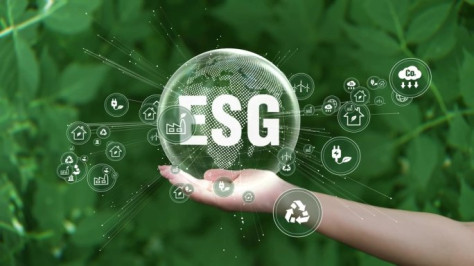 ESG图标概念。环境、社会和治理。拯救地球在人类手中绿色背景。