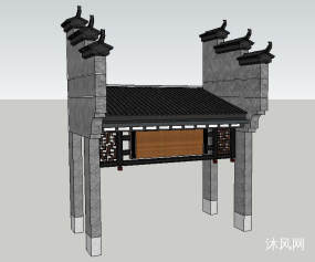 杭州某大观园徽派风格马头墙造型入口大门SU模型