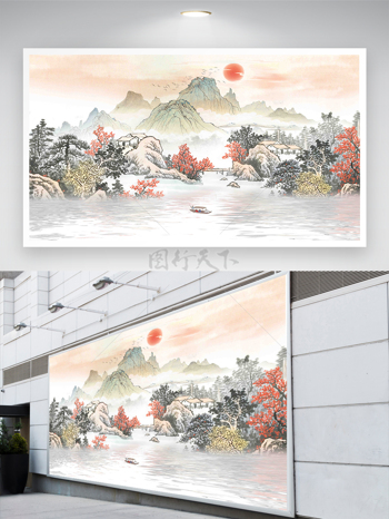 手绘水墨山水中式插画背景墙 意境山水 禅意山水 山水 中式背景 中式装饰 装饰背景 国画 工笔