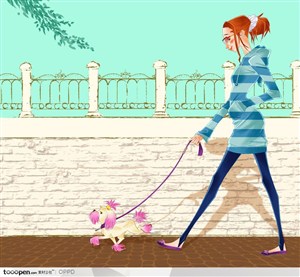 手绘水彩插画女性人物-牵着美容狗狗穿休闲服饰的马尾辫女孩