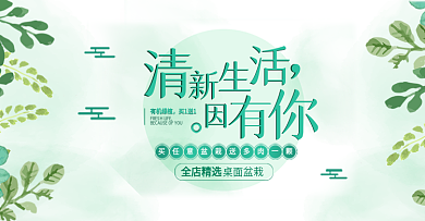 清新手绘多肉盆栽叶子绿色文艺简约电商淘宝海报banner