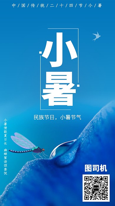 创意蓝色蜻蜓小暑节气海报