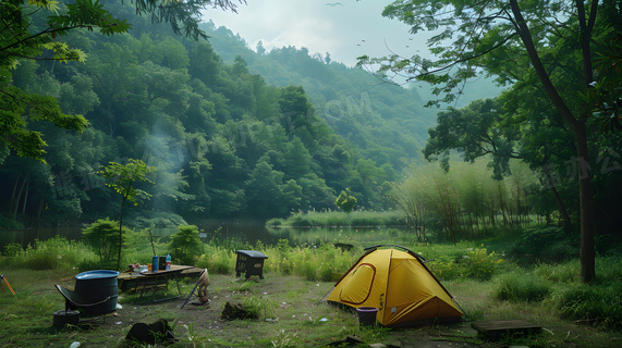 夏天户外山间露营游玩营地高清图片