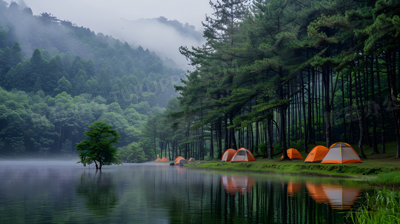 夏天户外山间露营游玩营地高清图片