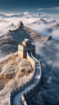 云雾环绕的中国万里长城摄影图