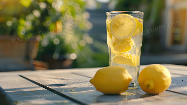 夏天桌上玻璃杯柠檬水冰块夏日清新高清图片