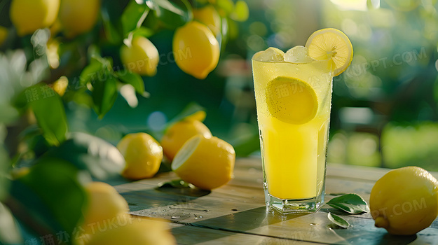夏天桌上玻璃杯柠檬水冰块夏日清新高清图片