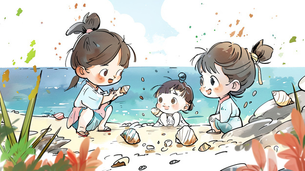 暑假孩子海边捡贝壳卡通插画