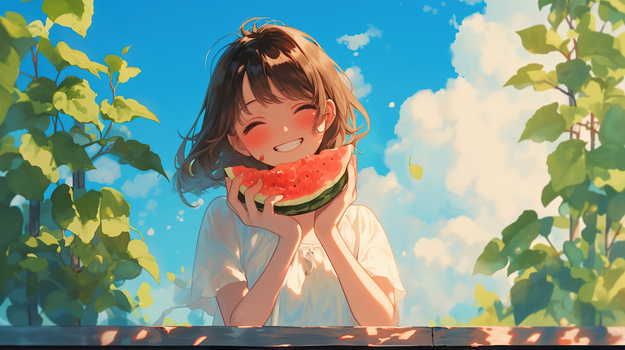 夏天吃西瓜的少女插画