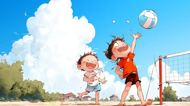 夏天快乐的孩子打球卡通插画