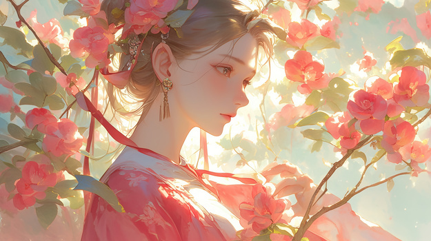 唯美古风美女花朵插画