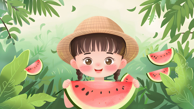 夏日夏天小女孩在欢快的吃西瓜插画