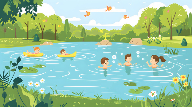 夏日夏天小孩子在池塘里欢快游泳插画