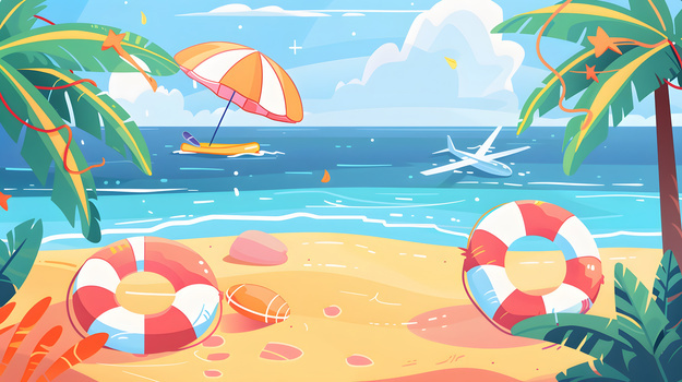 夏日夏天海边沙滩风景插画