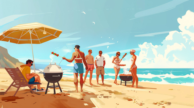 夏天一群人在海边沙滩上烧烤插画