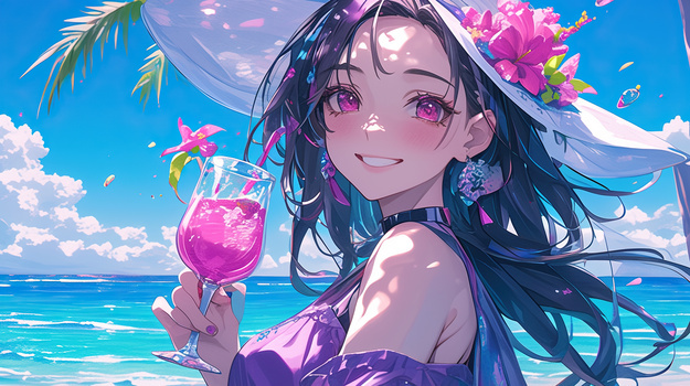 夏日美女海边度假插画