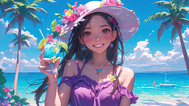 夏日美女海边度假插画