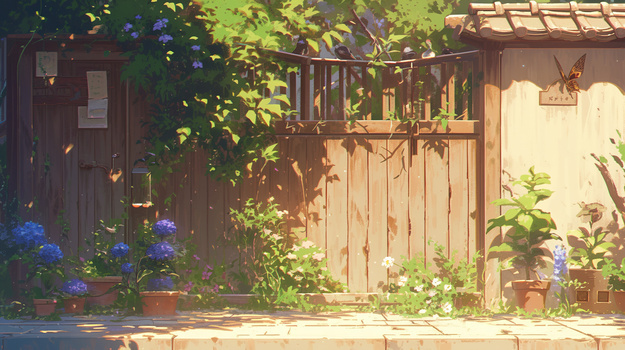夏日院子的木门插画