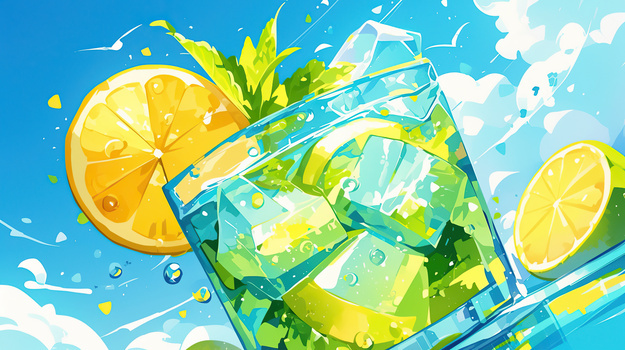 夏日清凉柠檬冰块插画