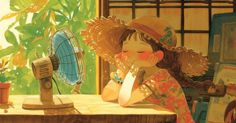 夏天窗前吹风扇的女孩插画