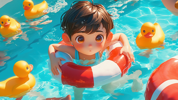 泳池游泳的小男孩插画