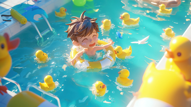 泳池游泳的小男孩插画