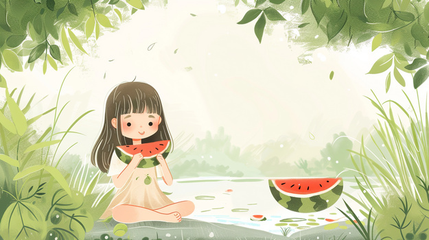 夏天女孩子在池塘边吃西瓜插画