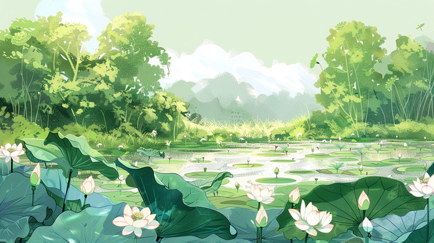 夏天池塘里开满美丽的白色荷花插画