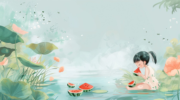 夏天女孩子在池塘边吃西瓜插画